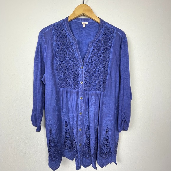 Reba Women's 2X Blue Peasant Top Lace Cutout Cotton Fairycore Boho Scallop Hem - Picture 1 of 7